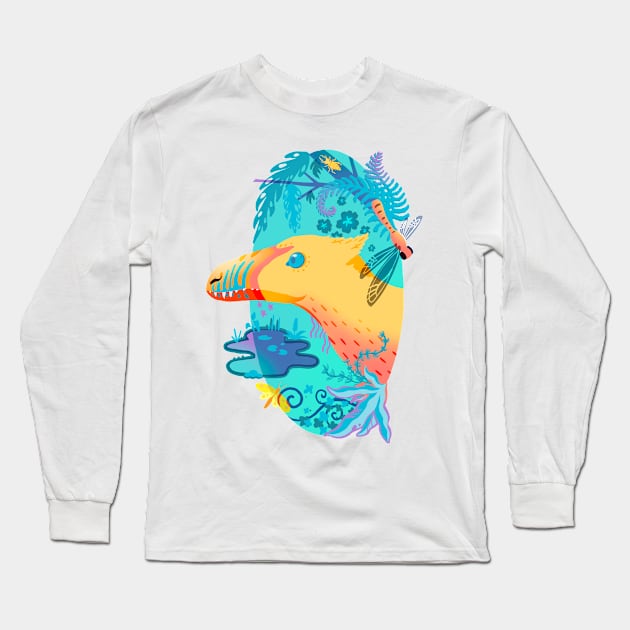 Yellow Feathered Velociraptor with Cretaceous Plants Long Sleeve T-Shirt by narwhalwall